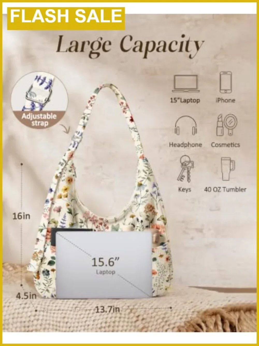 Corduroy Hobo Shoulder Crossbody Tote Bag with Zipper & Pockets